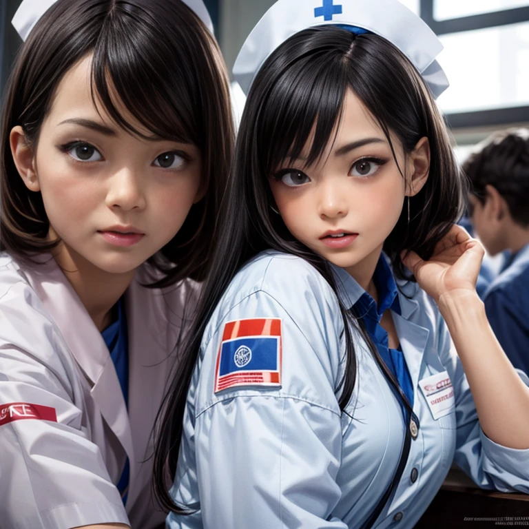 StandingFullBody, (KAWAII girls in Kidzania) trying on a Nurse uniform, extremely detailed eyes and face, beautiful detailed lips, longeyelashes, intricate costume details, realistic lighting, warm color tones, (best quality,4k,8k,highres,masterpiece:1.2),ultra-detailed,(realistic,photorealistic,photo-realistic:1.37),professional, bright colors, (Exposed:0.48)