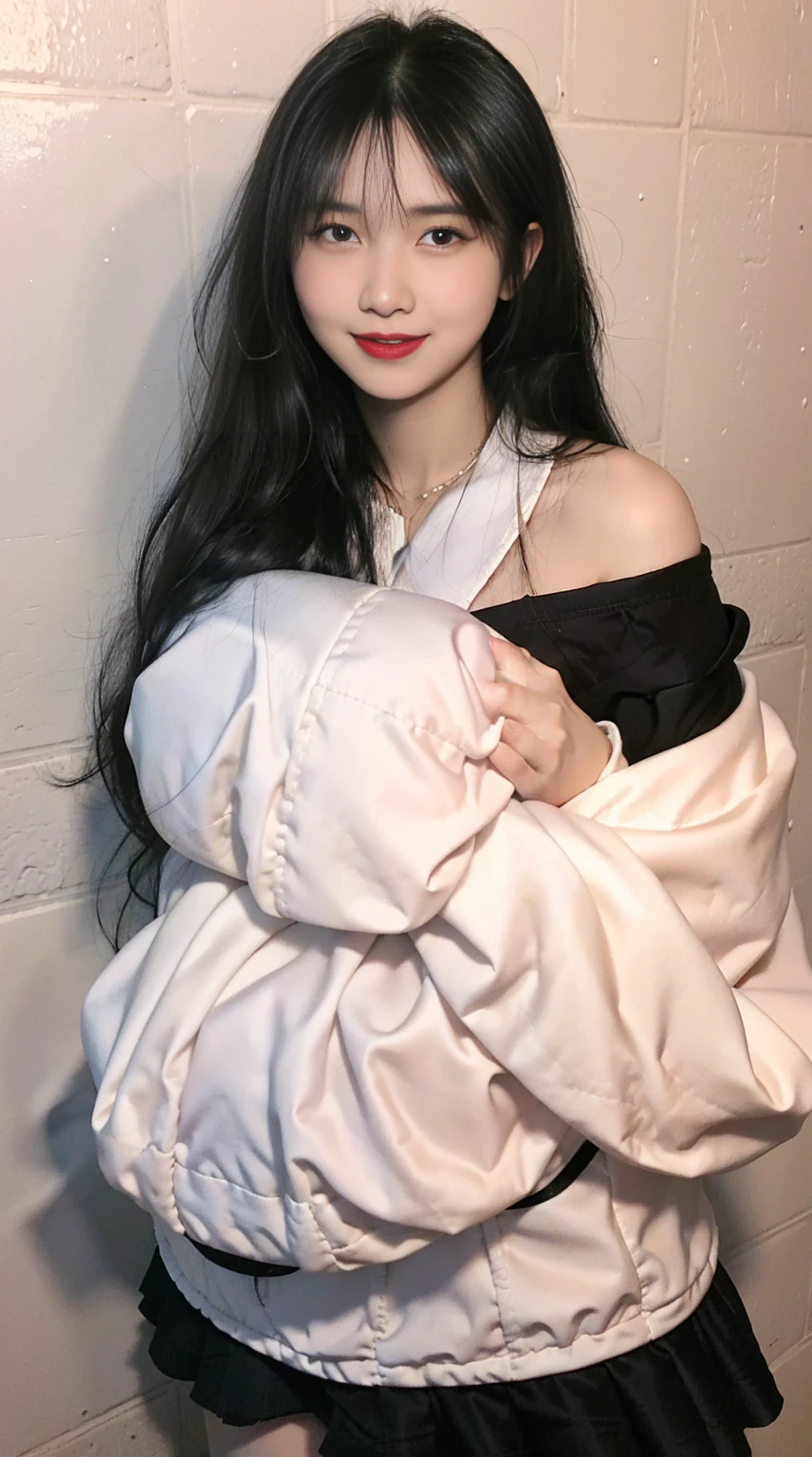 (A hyper-realistic)、(illustratio)、(hight resolution)、(8K)、(ighly detailed)、(Best Illustration)、(beautifully detailed eyes)、(top-quality)、(Ultra-detail)、(masterpiece)、(wall-paper)、(A detailed face)、solo、1 girl in、looking at viewert、fine detailed、A detailed face、in the darkness nigth、deep-shadows、lowkey、pureerosfaceace_v1、A smile、long、Black shawl straight hair、46-point diagonal bangs, (silk dresses、long skirt)(off shoulders)View of the castle、、Stand against the wall