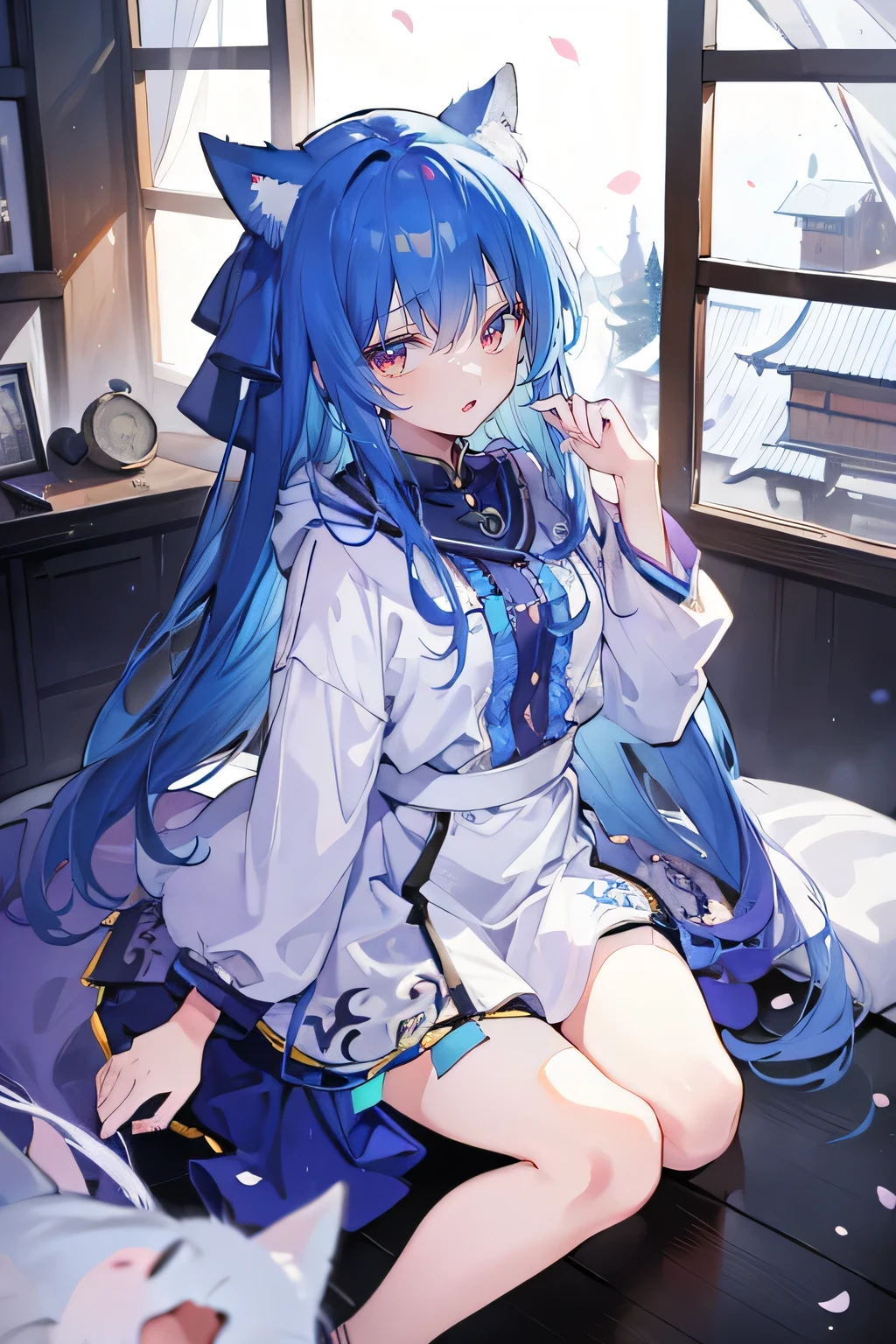 （masterpiece：1.2），Super detailed，lifelike，Expressive eyes，fair skin，perfect face shape，1 girl，
Japanese comics,Gorgeous blue hair,flowing blue hair,flowing clothes,Cat ears,Petals fall,beautiful lola,Baby Angel,
Shaking head with one hand，Cross your legs，Gentle and peaceful background，The pavilion is cool and comfortable,smile, wearing hoodie, In front of the window,snowing