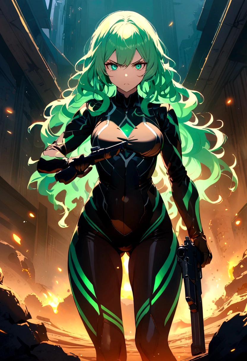 Woman with wavy honey-colored hair , aqua green eyes, black leagwear , holding a gun