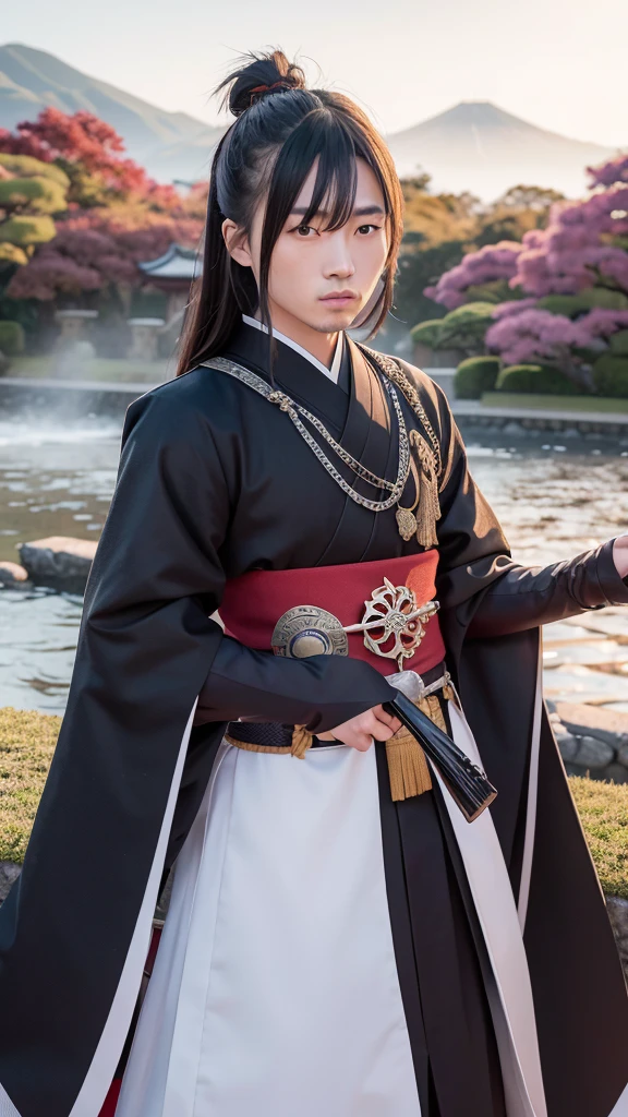 Japanese warlords during the Sengoku period、Portrait of Date Masamune。He has an eyepatch on one eye、Dressed in gorgeous black and silver armor。兜には大きな三日月There is、Standing bravely facing forward。Misty Japanese castle and trees in the background々There is、It exudes the tension and grandeur of the Warring States period.