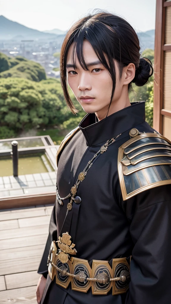Japanese warlords during the Sengoku period、Portrait of Date Masamune。He has an eyepatch on one eye、Dressed in gorgeous black and silver armor。兜には大きな三日月There is、Standing bravely facing forward。Misty Japanese castle and trees in the background々There is、It exudes the tension and grandeur of the Warring States period.