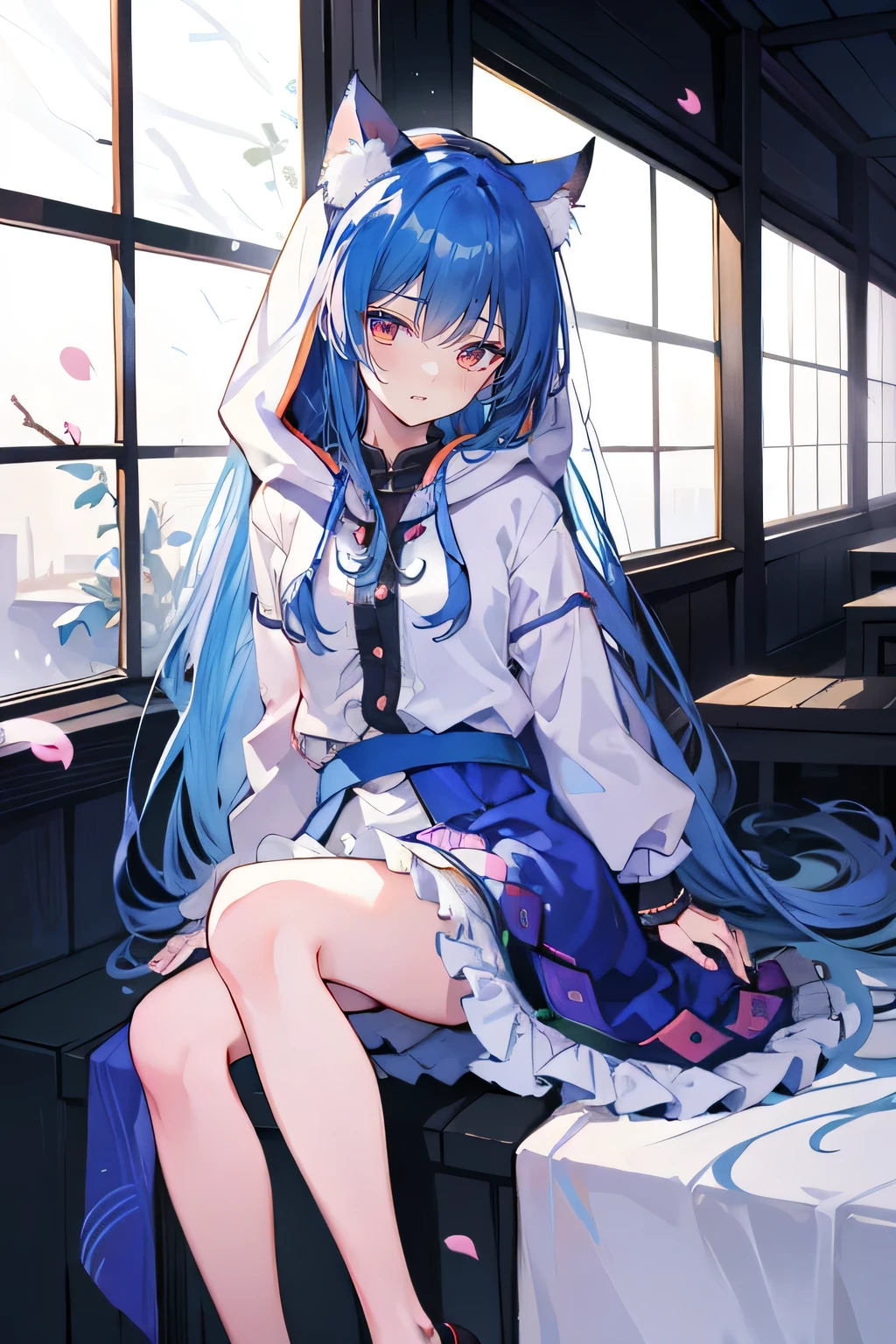 （masterpiece：1.2），Super detailed，lifelike，Expressive eyes，fair skin，perfect face shape，1 girl，
Japanese comics,Gorgeous blue hair,flowing blue hair,flowing clothes,Cat ears,Petals fall,beautiful lola,Baby Angel,
Shaking head with one hand，Cross your legs，Gentle and peaceful background，The pavilion is cool and comfortable,smile, wearing hoodie, In front of the window,snowing