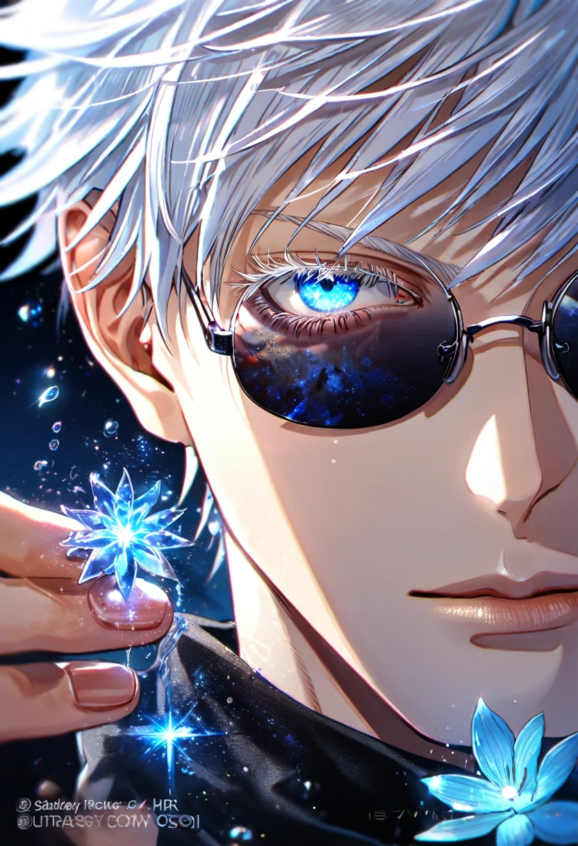 absurdres, highres, ultra detailed, HDR, master piece, best quality, extremely detailed, Gojou Satoru, white hair, expressive blue eyes, white eyelashes, round black sunglasses, Jujutsu Kaisen, solo, sexy man, handsome, black clothes, fantasy, magic, water, sparkling, blue glittering fireflies, blue moon, blue blossoms, blue flowers, blue sparkling lights, starry sky