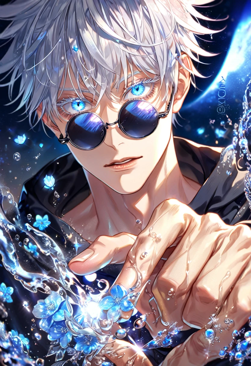 absurdres, highres, ultra detailed, HDR, master piece, best quality, extremely detailed, Gojou Satoru, white hair, expressive blue eyes, white eyelashes, round black sunglasses, Jujutsu Kaisen, solo, sexy man, handsome, black clothes, fantasy, magic, water, sparkling, blue glittering fireflies, blue moon, blue blossoms, blue flowers, blue sparkling lights, starry sky