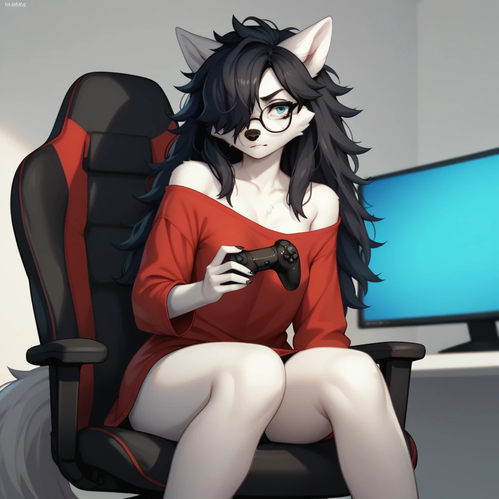 score_9,score_8_up,score_7_up, sierra, a young nerdy Anthro furry wolf woman, white furry body, tall, awkward, long black messy hair, hair covering one eye, long black hair, blue eyes, small breasts, white wolf tail, wearing oversized red shirt, black panties, barefoot, sitting on a gamer chair, playing on a gaming pc, looking at computer monitor, wearing gaming headphones, expressionless, raised eyebrows, mouth open, eyes half open, hands on a keyboard and mouse, in a messy bedroom, 