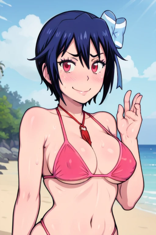 masterpiece, best quality, Seishirou Tsugumi, looking at viewer, Blue hair, red eyes color, large breasts, upper body, portrait, seductive smile,both hands raised, armpits, armpits visible, sweaty armpits, wearing pink bikini, background on beach