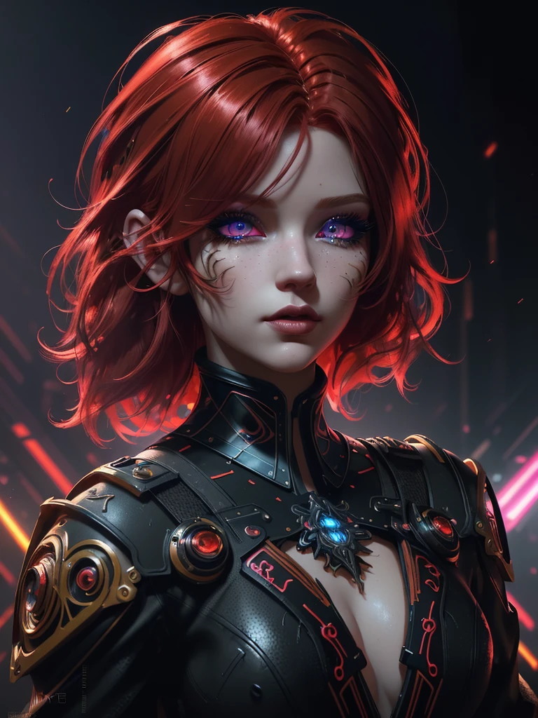 Red hair color,(masterpiece, best quality),(1 lady),(solo),(artstation),(dynamic),(charming),(magical),(unreal engine),(fantastically beautiful),(illustration),(dramatic lighting),(rave background),(neon glow),(maximalist),(extremely detailed eyes and face),(long eyelashes),(intricate details),(vibrant colors),(cinematic lighting),(fantasy portrait)