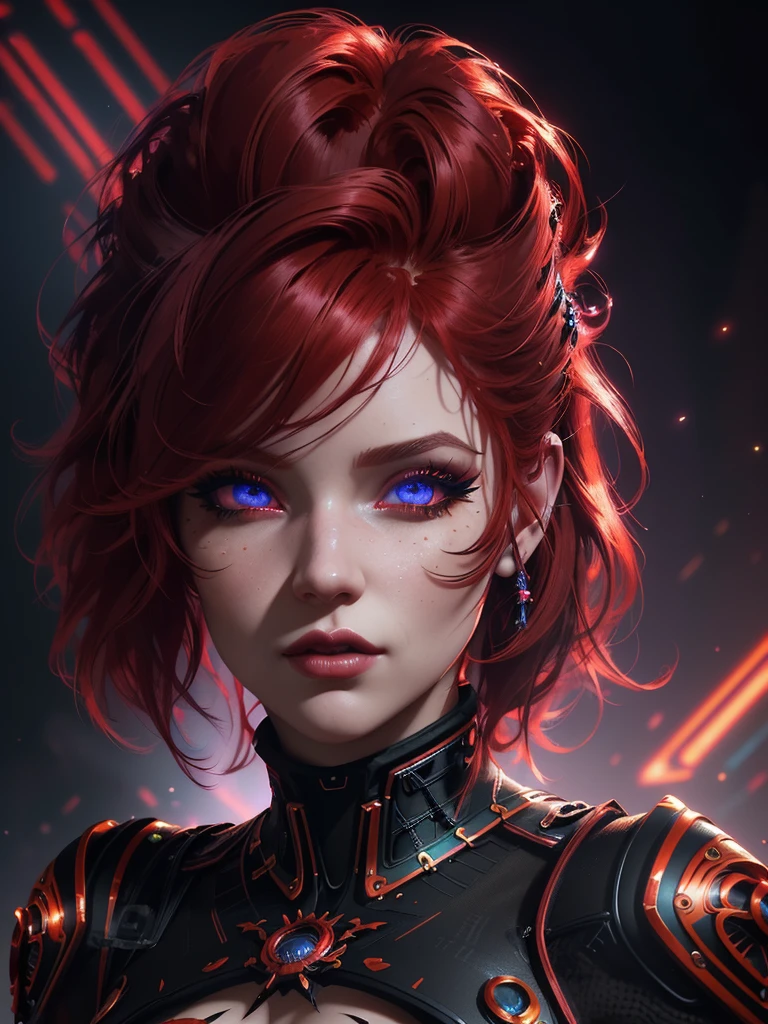 Red hair color,(masterpiece, best quality),(1 lady),(solo),(artstation),(dynamic),(charming),(magical),(unreal engine),(fantastically beautiful),(illustration),(dramatic lighting),(rave background),(neon glow),(maximalist),(extremely detailed eyes and face),(long eyelashes),(intricate details),(vibrant colors),(cinematic lighting),(fantasy portrait)
