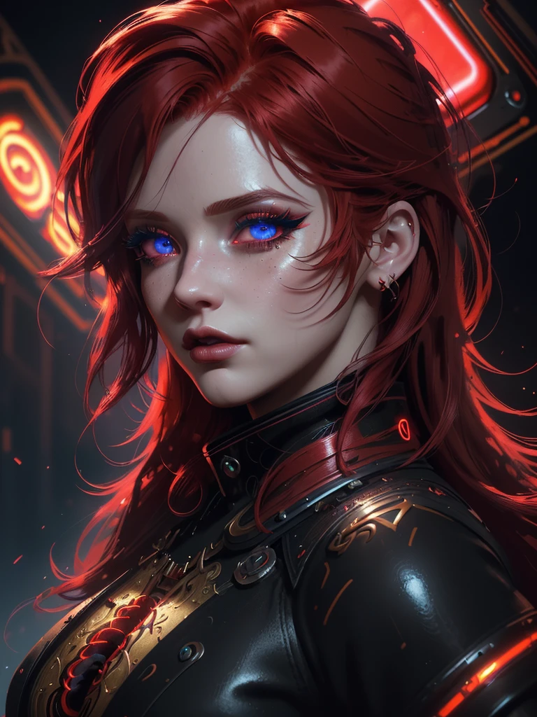 Red hair color,(masterpiece, best quality),(1 lady),(solo),(artstation),(dynamic),(charming),(magical),(unreal engine),(fantastically beautiful),(illustration),(dramatic lighting),(rave background),(neon glow),(maximalist),(extremely detailed eyes and face),(long eyelashes),(intricate details),(vibrant colors),(cinematic lighting),(fantasy portrait)