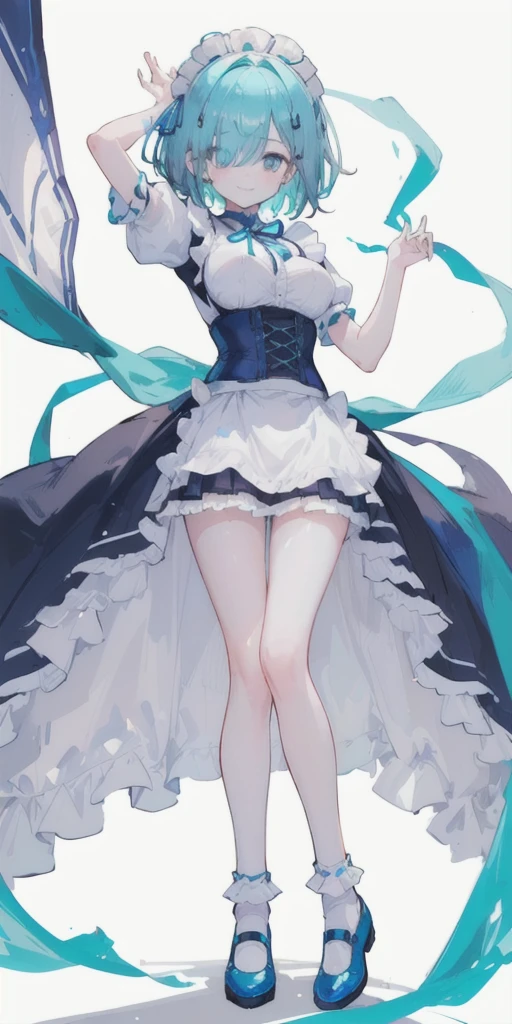 (short hair) cyan eyes, (Eyes behind long bangs) big breasts, using accessories (using socks) perfect shiny beautiful cyan shoes (Wearing luxurious palace maid clothes Perfect perfect noble)  Pose facing sideways (Girl1, straight hair not too long, bangs covering one eye, soft face, gentle smile) ((Standing position with long legs, bare thighs, image position visible from bottom of feet to top of head) SHORT blue hair, beautiful cyan eyes (Free pose, right hand down, left hand down, ((Free pose))smile kawai, (blank white background) Wearing a blue corset, (Using a beautiful bright blue ribbon) Kawai shy cute eyes (cyan colored shoes must be shiny, Must wear short white socks) ((short skirt)) short sleeves (image according to tag) 