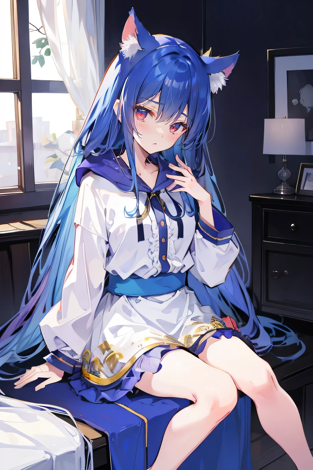 (masterpiece:1.2),Super detailed,lifelike,Expressive eyes,fair skin,perfect face shape,1 girl,
Japanese comics,Gorgeous blue hair,flowing blue hair,flowing clothes,Cat ears,Petals fall,beautiful lola,Baby Angel,
Shaking head with one hand,Cross your legs,Gentle and peaceful background,The pavilion is cool and comfortable,smile, wearing hoodie, In front of the window,snowing