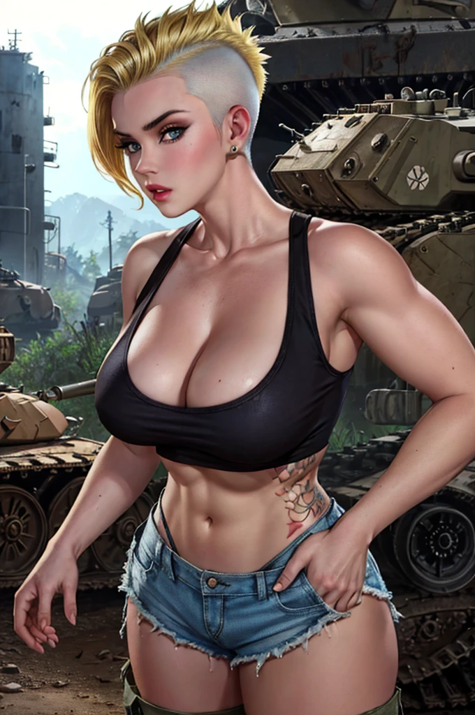 ((( fully body ))), master part, best qualityer, super detaill, 8K, gorgeous woman, Stefania Ferrario as a Tank Girl, perfect body, parted lips, blonde mohawk hair, Punk Girl, shorts curt com cinta liga, post-apocalyptic world, with a tank in the background, (( of the tank )), niji style, torn and dirty clothes, short mohawk, sides of shaved head, clean face 