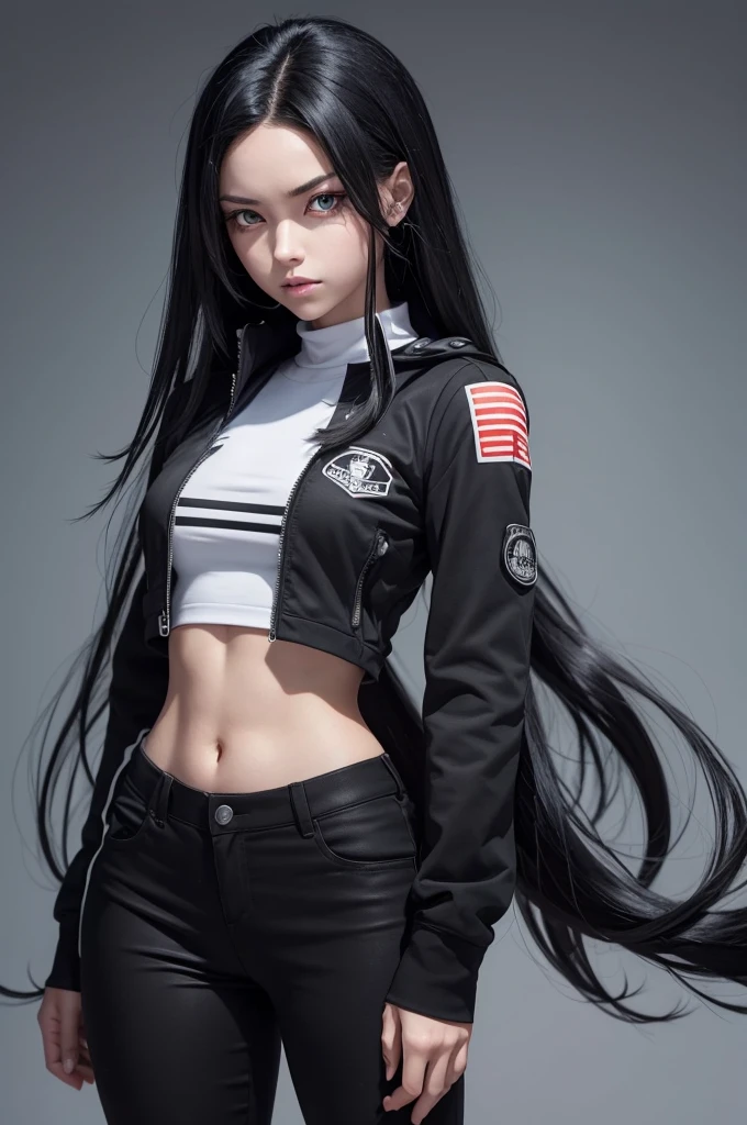 Create a female Boku no hero academia character, with long, slightly voluminous black hair, with a strand on the left side of your hair, your eyes are green, She is wearing a black outfit. She's on Dabi's side