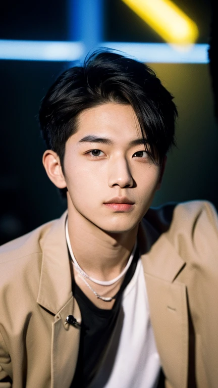 (Highly realistic photos, concentrated、High resolution, Detailed face, Detailed Hair,fine grain), ((Shooting in front of a wall))、Japanese men, 20-year-old, (Two boys),There are two people in the photo、Natural look、Upper body portrait, good looking,View the viewer,manly,short hair,Dyed red hair and blonde,masterpiece,Create a soft face,Not a smile, but still friendly, sunghoon, (Sung Hoon), enhypen, stage makeup, fair skin, broad shoulders, (redhead, :1.2), (bionde, :1.2) (neckless), highlights the vibrancy of Tokyo nightlife, vibrant lighting against a dark background, natural pose, standing close together without arms around each other's shoulders, this intense neon lighting creates a dynamic, colorful shadow on his face --ar 3:4 --style raw --stylized 250