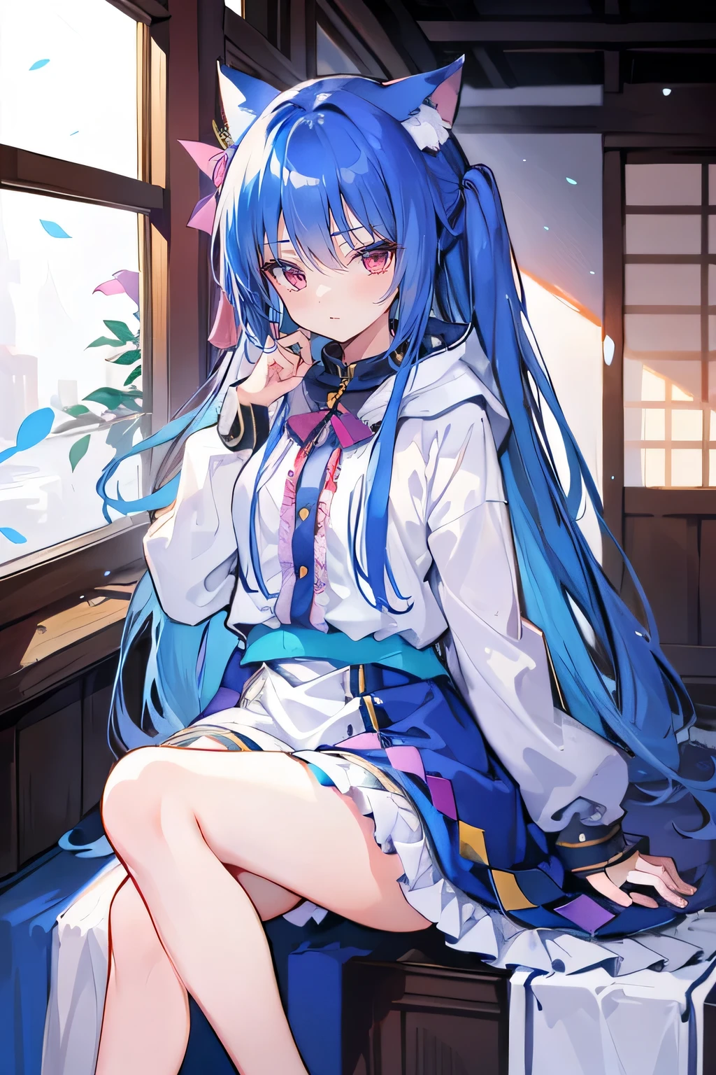 (masterpiece:1.2),Super detailed,lifelike,Expressive eyes,fair skin,perfect face shape,1 girl,
Japanese comics,Gorgeous blue hair,flowing blue hair,flowing clothes,Cat ears,Petals fall,beautiful lola,Baby Angel,
Shaking head with one hand,Cross your legs,Gentle and peaceful background,The pavilion is cool and comfortable,smile, wearing hoodie, In front of the window,snowing