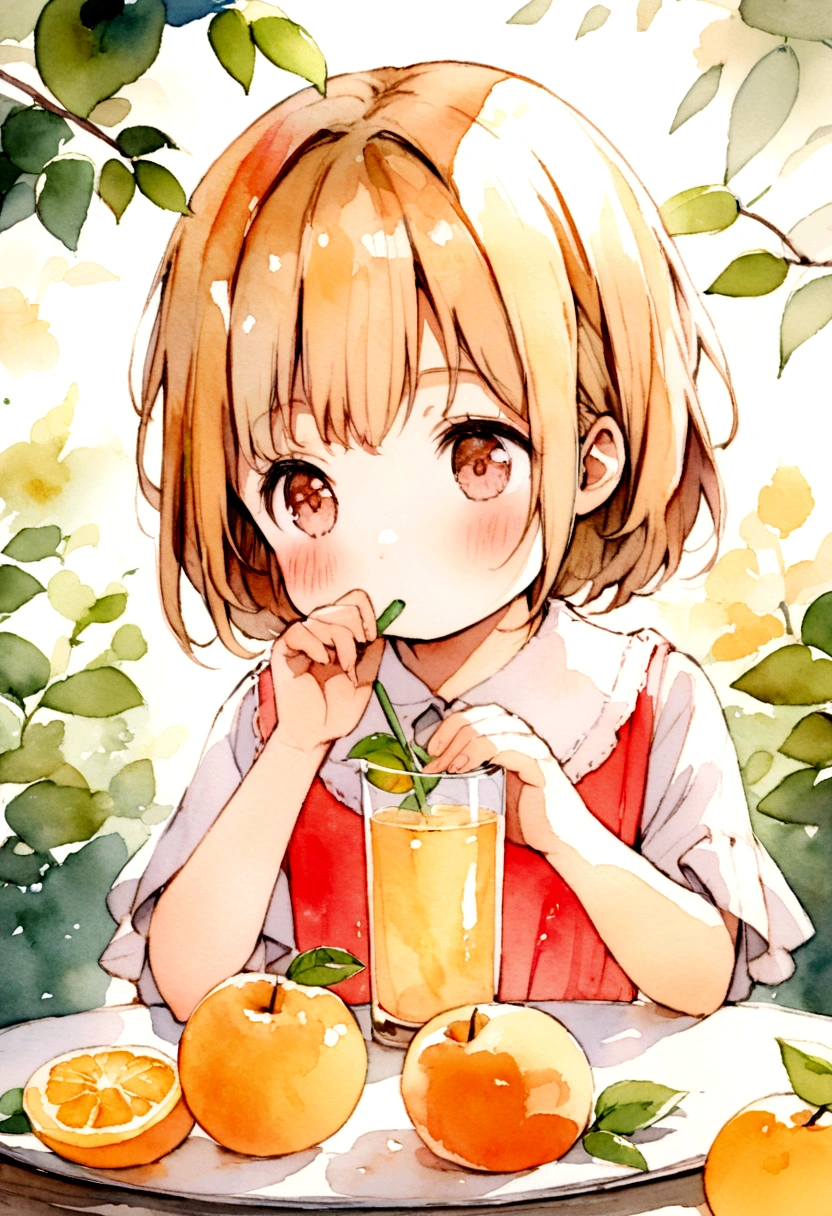 A girl around 4 years old is drinking fruit juice Picture books Watercolor