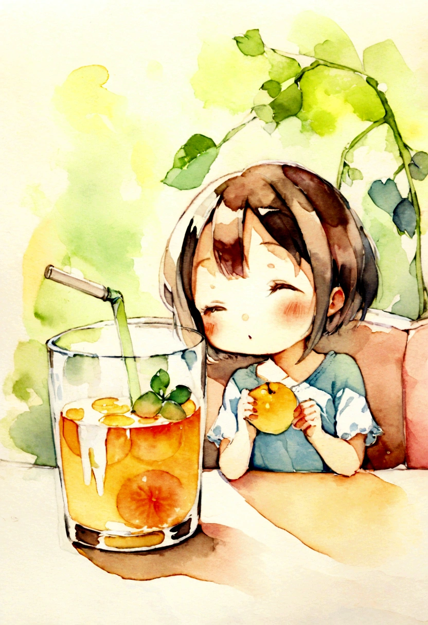 A girl around 4 years old is drinking fruit juice Picture books Watercolor