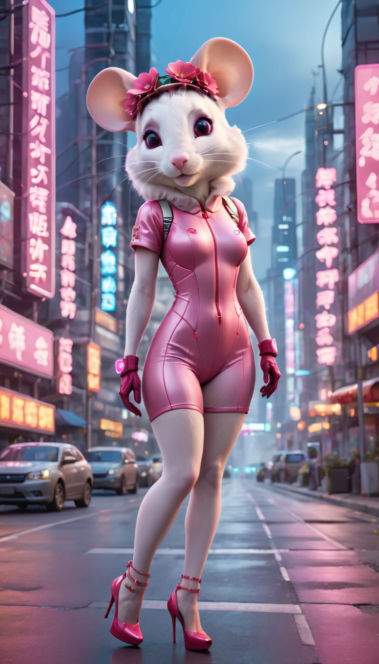 A white mouse wearing an urban short-sleeved pink one-piece. A red flower hair accessory on her head. She is wearing red high heels. She is standing on a road in a high-tech cityscape with neon lights and holographic signs. The background has a modern, cyberpunk, high-tech feel. Lovely digital painting, 3D rendering, bright lighting, vibrant colors.