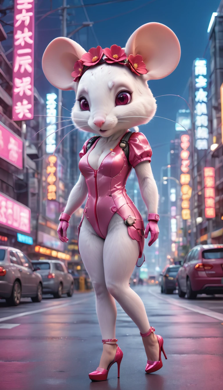 A white mouse wearing an urban short-sleeved pink one-piece. A red flower hair accessory on her head. She is wearing red high heels. She is standing on a road in a high-tech cityscape with neon lights and holographic signs. The background has a modern, cyberpunk, high-tech feel. Lovely digital painting, 3D rendering, bright lighting, vibrant colors.