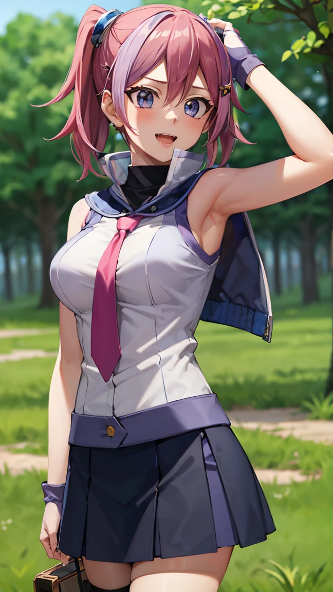 masterpiece, best quality, highres, 1girl, solo, hy1, hair ornament, multicolored hair, necktie, skirt, sleeveless, , black thighhighs, jewelry, ta1, white jacket, sleeveless, blue skirt, fingerless gloves, large breasts, happy, cowboy shot, outdoors, forest
