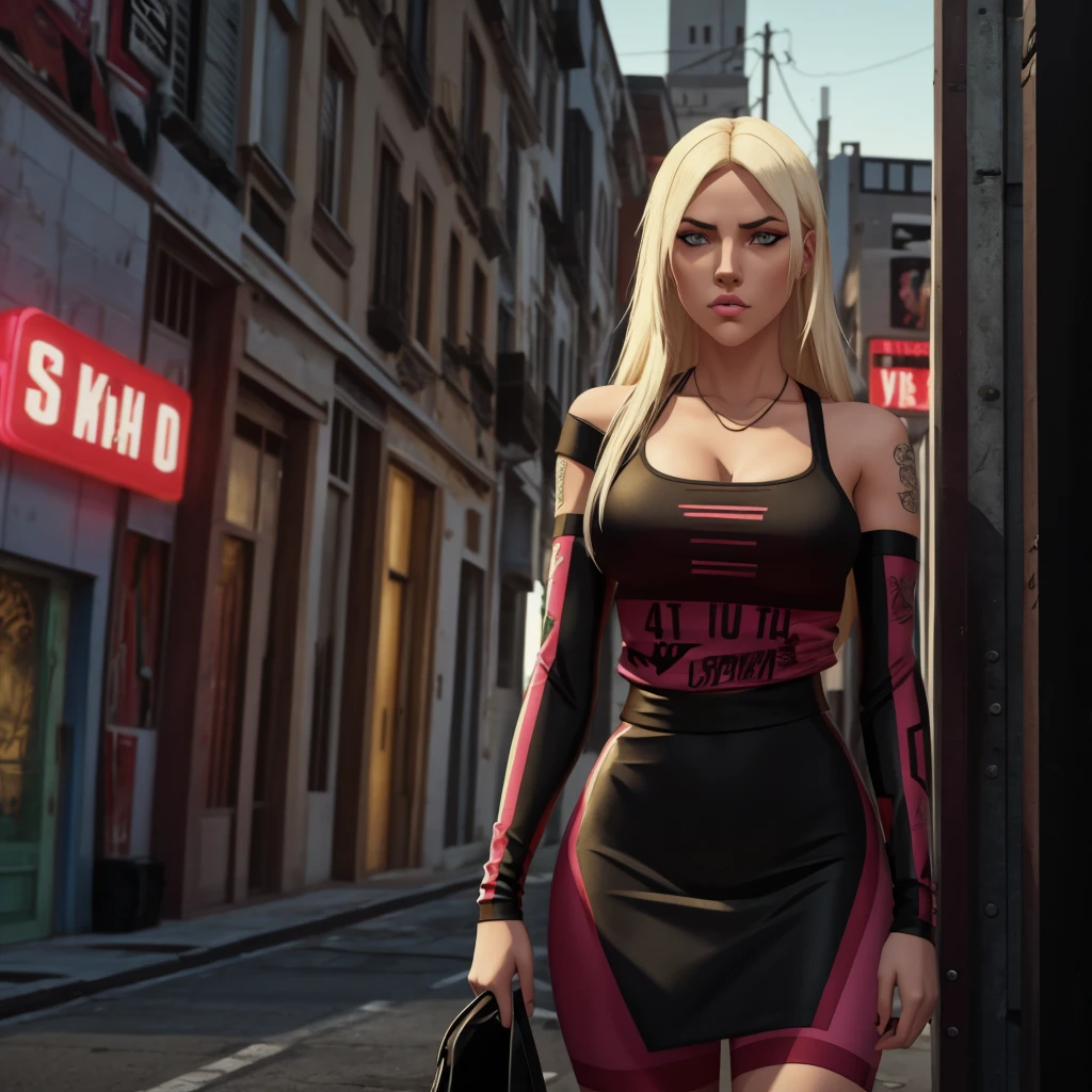 Accamary4, beautiful woman, model, Looking out of the corner of my eye, focus on his face, long platinum blonde hair, Dressed like a gang member, Estilo Grand Theft Auto, Very detailed, 8k, cinematic lighting, dramatic pose, vivid colors, sandy, grunge, dystopian, digital paint, with a pink garment