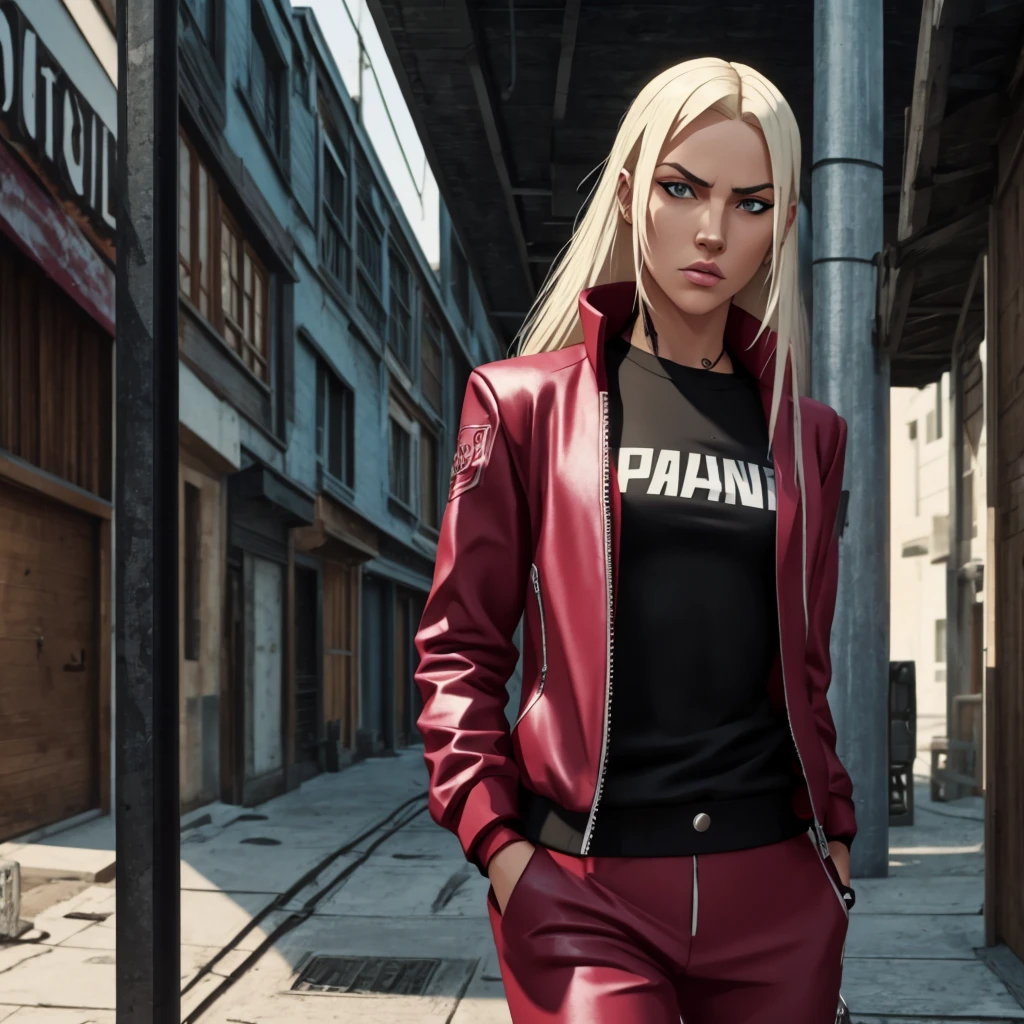 Accamary4, beautiful woman, model, Looking out of the corner of my eye, focus on his face, long platinum blonde hair, Dressed like a gang member, Estilo Grand Theft Auto, Very detailed, 8k, cinematic lighting, dramatic pose, vivid colors, sandy, grunge, dystopian, digital paint, with a pink garment