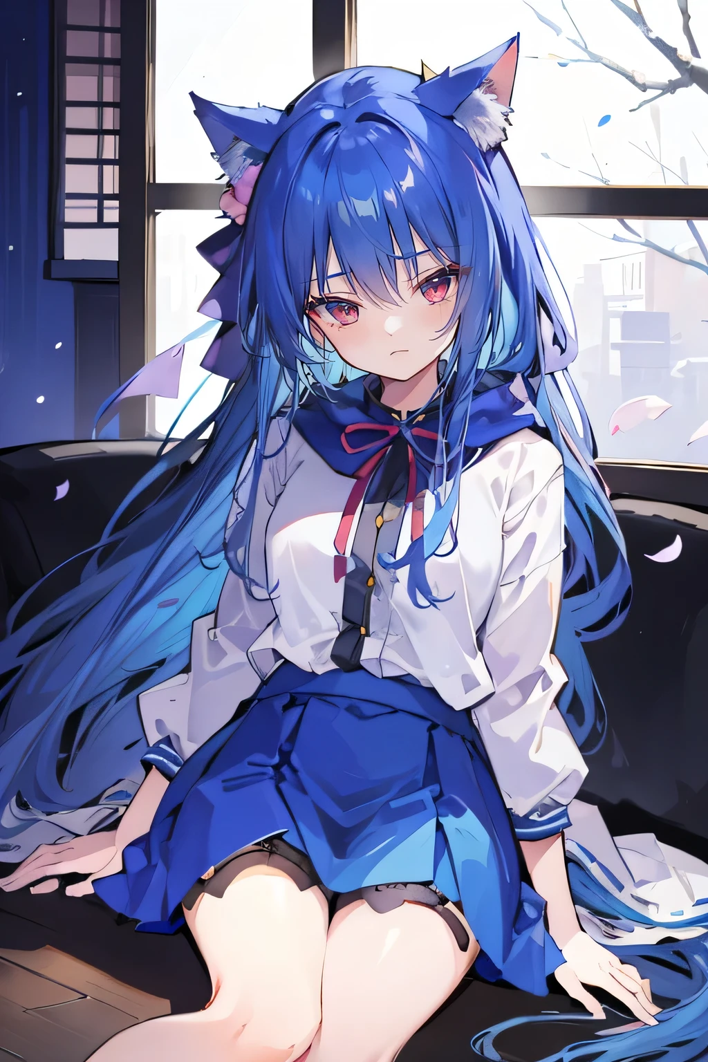 （masterpiece：1.2），Super detailed，lifelike，Expressive eyes，fair skin，perfect face shape，1 girl，
Japanese comics,Gorgeous blue hair,flowing blue hair,flowing clothes,Cat ears,Petals fall,beautiful lola,Baby Angel,
Shaking head with one hand，Cross your legs，Gentle and peaceful background，The pavilion is cool and comfortable,smile, wearing hoodie, In front of the window,snowing