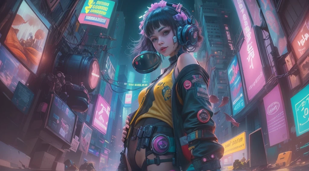 ((2 cyberpunk girls wearing colorful Harajuku style pop outfit)), ((((strong fisheye lens effect)))), cowboy shot, wind, messy hair, ((cyberpunk 2077 cityscape)), (cyberpunk aesthetics and atmosphere:1.3), bright colors, smiling, ((cinematic lighting))