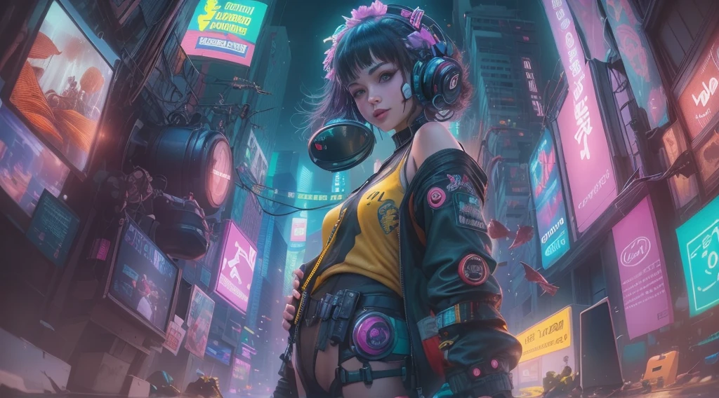 ((2 cyberpunk girls wearing colorful Harajuku style pop outfit)), ((((strong fisheye lens effect)))), cowboy shot, wind, messy hair, ((cyberpunk 2077 cityscape)), (cyberpunk aesthetics and atmosphere:1.3), bright colors, smiling, ((cinematic lighting))