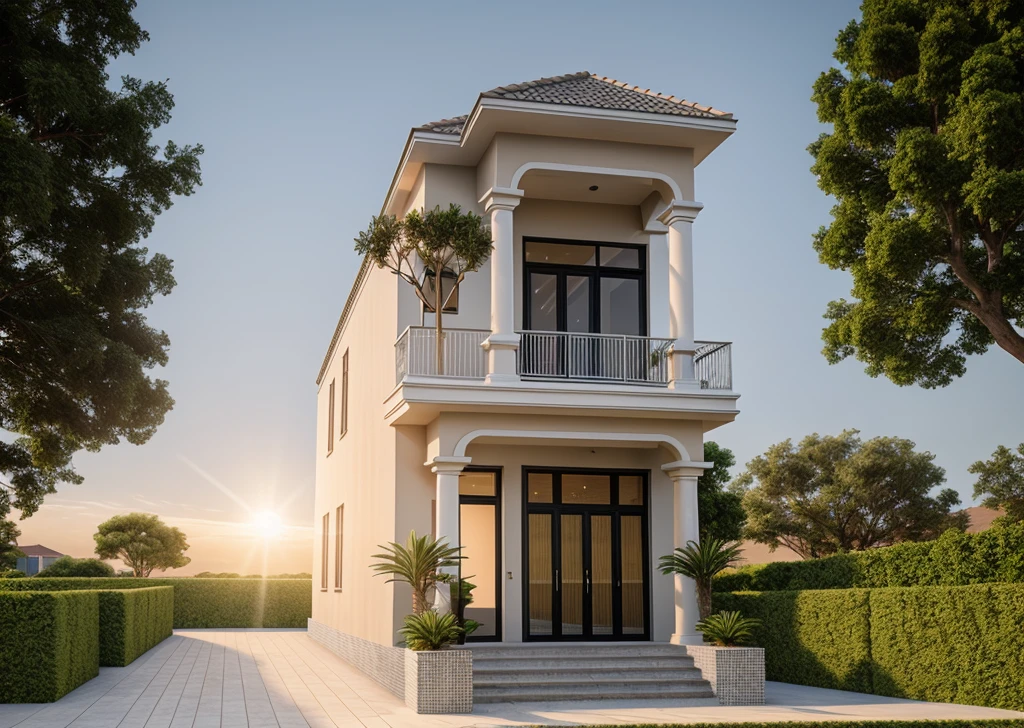 PLATFORM KTHOUSE, 1 neoclassical villa, main materials of the villa: light gray wall construction: 1.2 and stone: 1.2, 1 large yard, 1 running track in front of the house, (RAW photo, real, best quality, great effects:1.2 ), blue sky :1.3, (super realistic, photo-realistic:1.2), high quality, (sunrise light:1.3), perfect lighting, Archdaily