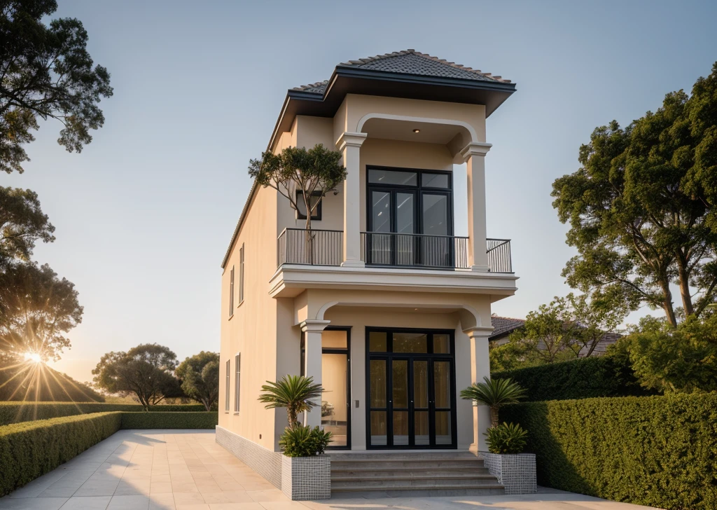 PLATFORM KTHOUSE, 1 neoclassical villa, main materials of the villa: light gray wall construction: 1.2 and stone: 1.2, 1 large yard, 1 running track in front of the house, (RAW photo, real, best quality, great effects:1.2 ), blue sky :1.3, (super realistic, photo-realistic:1.2), high quality, (sunrise light:1.3), perfect lighting, Archdaily