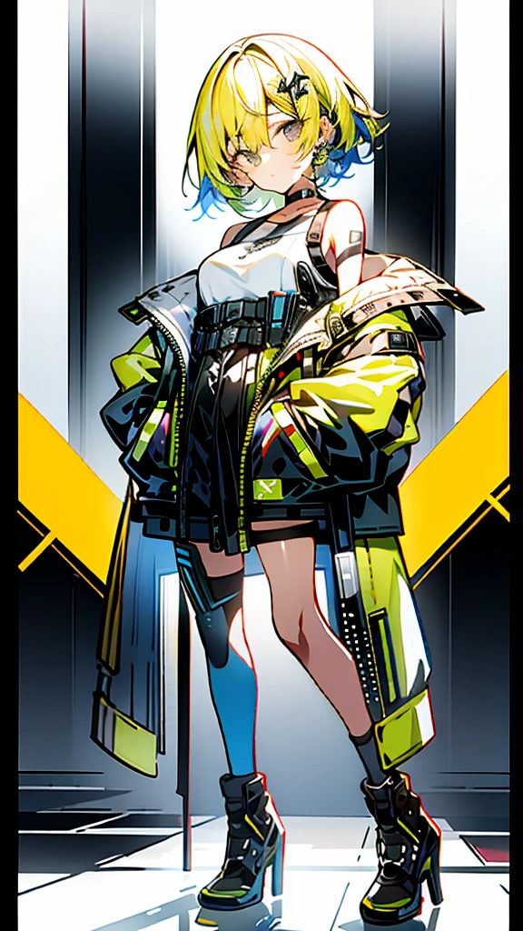 1 girl, short yellow hair, cyberpunk, Alice in Wonderland, black high heels, hand in pocket, best quality, 4k, 8k, highres, masterpiece:1.2, ultra-detailed, realistic, photorealistic, photo-realistic:1.37, HDR, UHD, studio lighting, ultra-fine painting, sharp focus, physically-based rendering, extreme detail description, professional, vivid colors, bokeh, concept art
