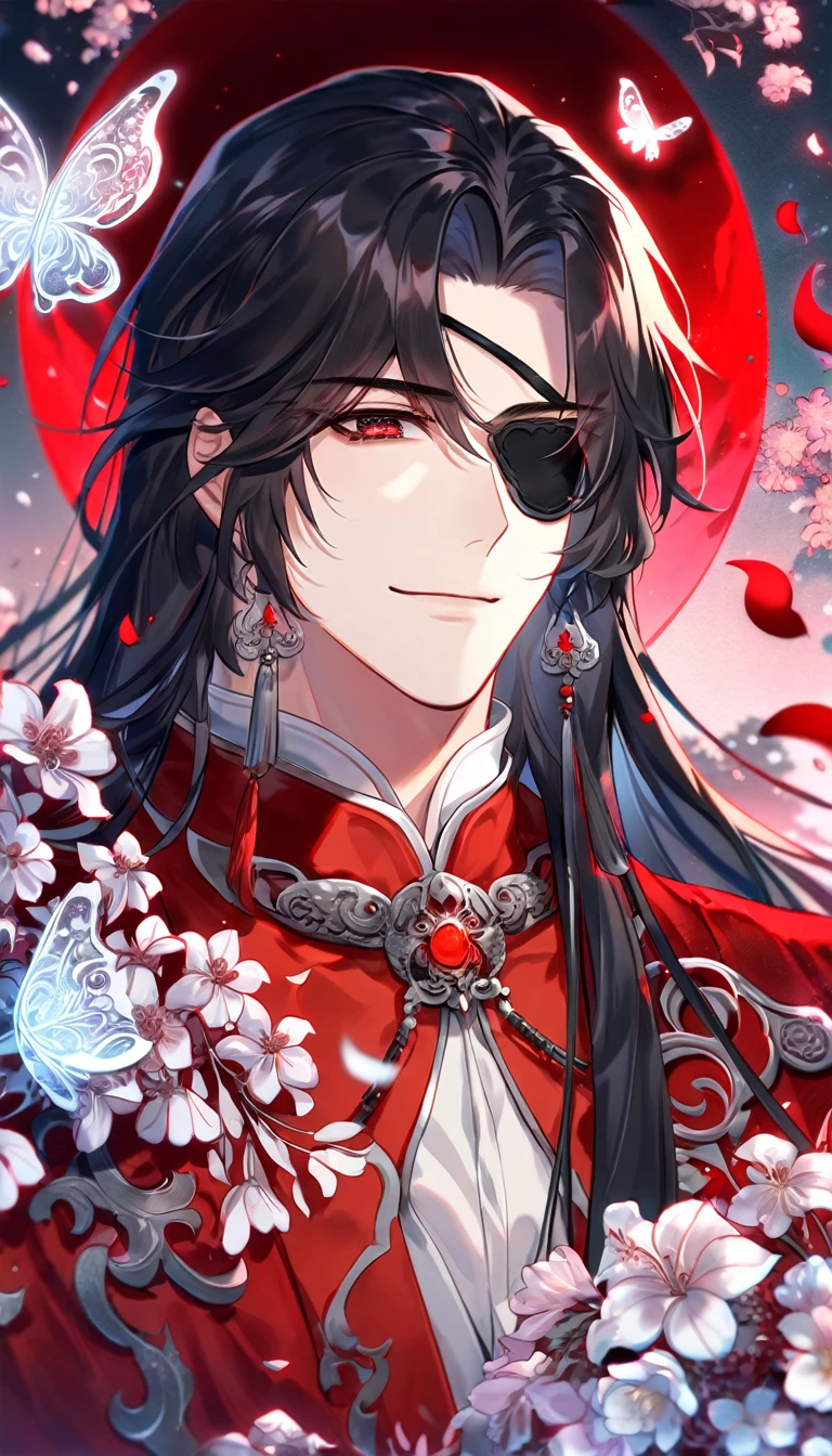 absurdres, highres, ultra detailed, HDR, master piece, Hua Cheng, black long hair, expressive red eye, black eye patch on his let eye, Heaven Official's Blessing, sexy man, handsome, best quality, red moon, flowers, fantasy, magical, solo, red water, red shining fireflies, red petals, red clothes, handsome smile, silver small butterflies, red dust