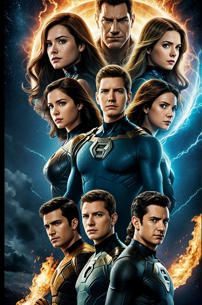 Create a Fantastic Four poster but with one less man and another woman saying Fantastic Four 