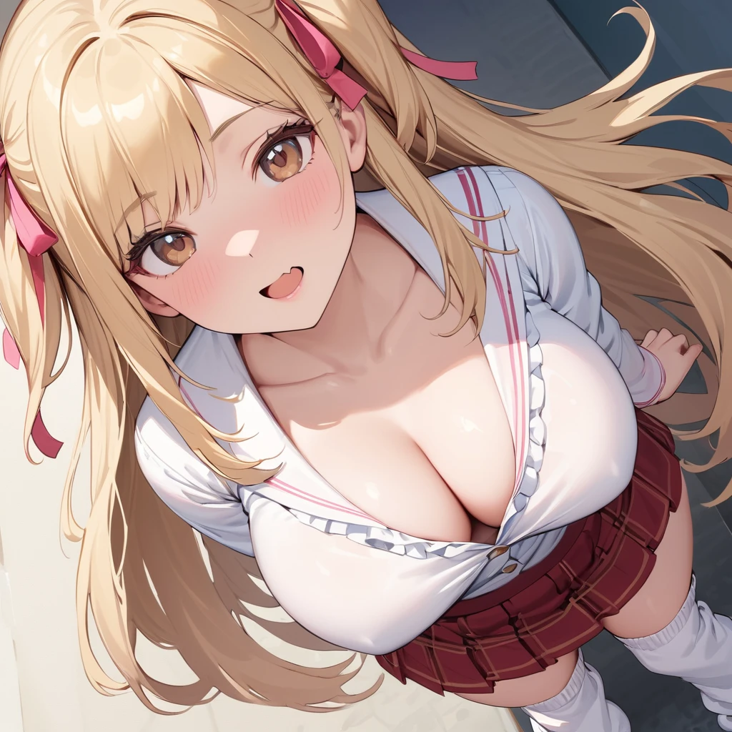 NSFW, ((head back and upside down face close up focus)), ((The girl's buttocks are pressed against the viewer's lower abdomen)), on the train, back, buttocks, viewer's own abdomen and penis, sex, open leg upright straddle viewer's abdomen, standing girl for Back doggy style sex Rape, (Masterpiece, Super realistic, Super details, Super Highest Quality, Super Highest Quality), super cute and beautiful girl, You are male professional photographer, Japanese gal, For dark brown eyes, Blonde yellow hair, Pink ribbon, gal make-up, False eyelashes, Pearl pink lips, Unbuttoned out Hemmed sailor red open collared open front white shirt, (Very thin shirt:1.3), beautiful side face focus, big open mouth, (brown eyes:1.4), big round chest, BREAK, (Half down two side up blonde very long hair style:1.4), (Wider at the hem flabby large in size Super Loose Socks:1.4), An innocent -yeld gi (skin fang:1.2), realistic cute Japanese girl, standing pose, wear white unbuttoned shirt, low-rise pleated plaid micro mini skirt, Japanese cute girls, long hair, blonde hair, two side up, hair ribbon, pink ribbon, frills, opened sailor collar, necktie, white shirt, long sleeves, red skirt, from behind POV, (shirt trimmed with white frills:1.4), She arches her back very much, from above, head back Chin up close face focus from above, The angle of view is such that it looks like you, the male viewer, are actually standing behind the girl and having sex from behind.