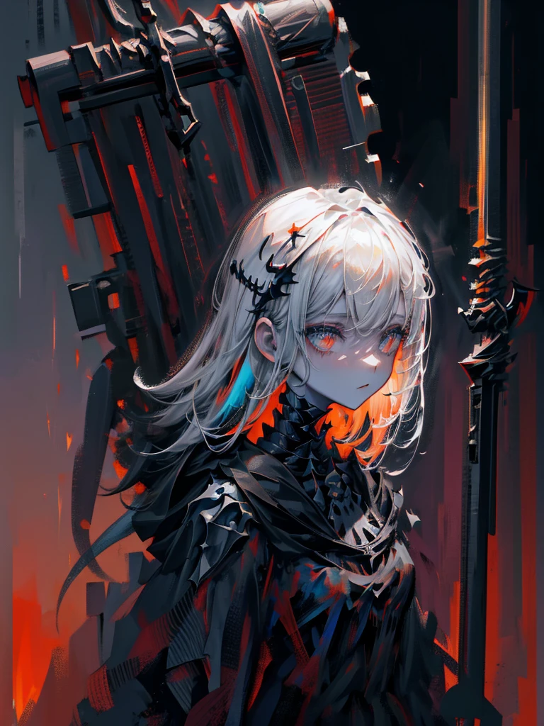 (a girl with) Aura-like gothic lighting, realistic Gothic-style artwork, detailed skeleton impaling itself with a sword in the neck, dark atmospheric background, high-res masterpiece:1.2, ultra-fine painting, professional, vivid colors