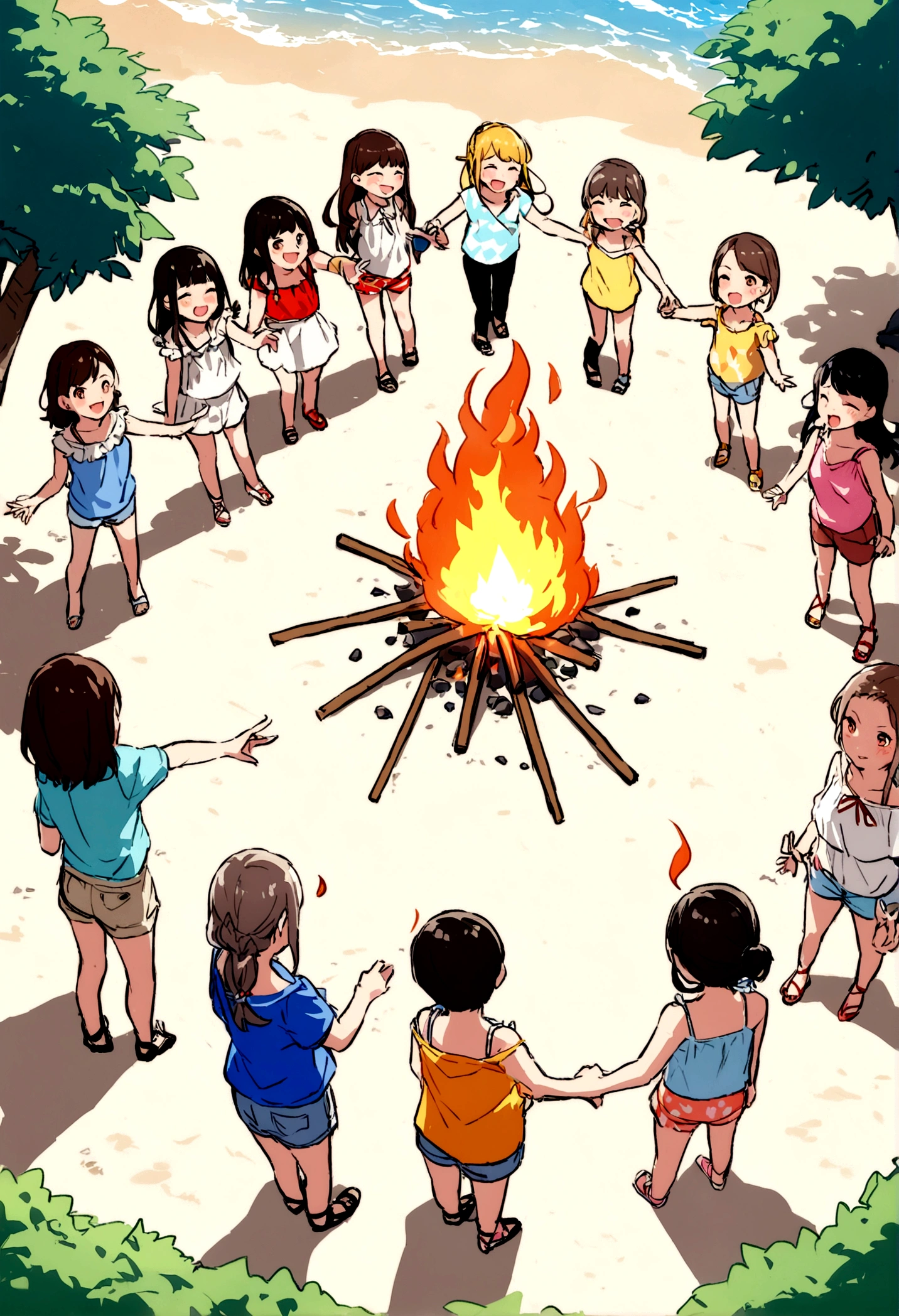 Let's dance in a circle, young people, bonfires, summer vacations, great picture quality