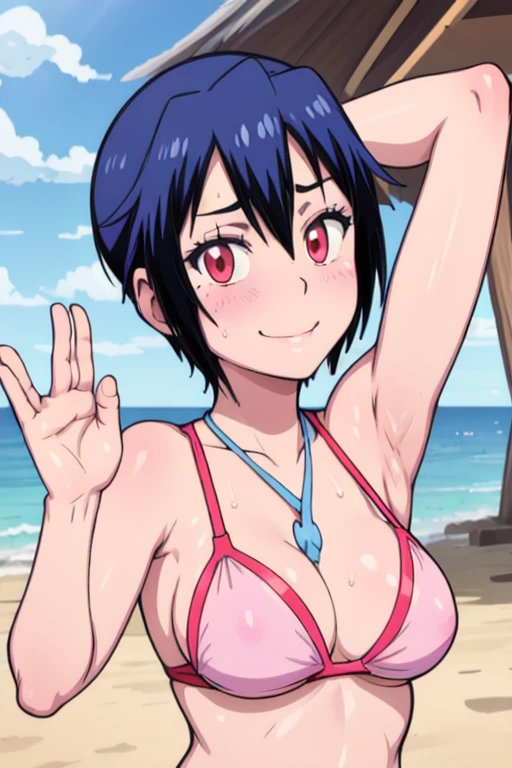 masterpiece, best quality, Seishirou Tsugumi, looking at viewer, Blue hair, red eyes color, large , upper body, portrait, seductive smile,both hands raised, armpits, armpits visible, sweaty armpits, wearing pink bikini, background on beach