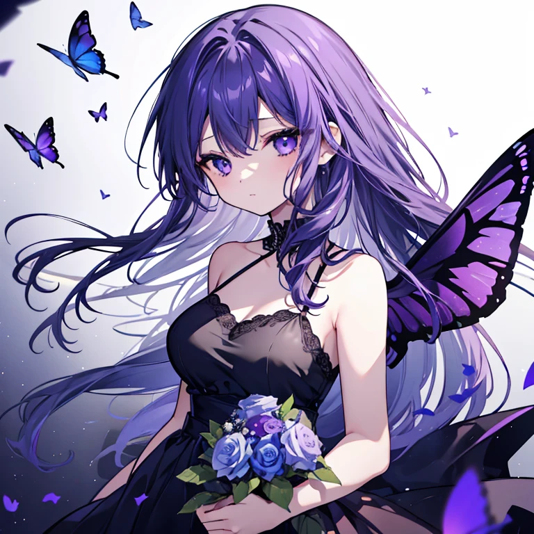 1 girl、Mature、Ample breasts、Long Hair、Purple Hair、Look to the side、Black Dress、camisole、Blue Rose、Holding a bouquet of roses、White Wings、Big Wings、Bust-up perspective、Night view、Hair blowing in the wind、Butterflies fluttering、High resolution、Highest quality