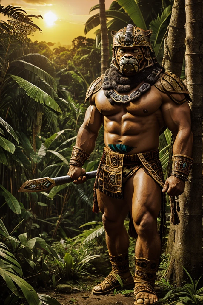 ((Supreme quality)), ((Olmec Warrior)), (anthropomorphic jaguar), (lush jungle), muscular, sunset