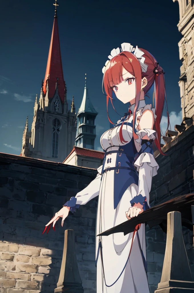 [(cathedral background:1.4)::5],original,(illustration:1.1),(best quality),(masterpiece:1.1),(extremely detailed CG unity 8k wallpaper:1.1), (colorful:0.9),(mid shot:0.95),(full body:1.5),Dynamic angle,(solo:1.2), (girl),((adult)), (detailed beautiful eyes:1.15), (beautiful face:1.15), (glowing red eyes:1.25////),((medium hair)),((split-color hair,red hair,blue hair)),(high twintails),(chignon),(+perfect hand+:1.21),(Draw an illustration of a gothic girl),(Religious),(slender),(is wearing boots on her feet),((is wearing white maid clothes)),(furious), Lace Off-shoulder lolita fashion,beautiful slender woman,high twintails,((split-color hair,red hair,blue hair)),((split-color hair,red hair,blue hair)),from side,((split-color hair,red hair,blue hair)),
