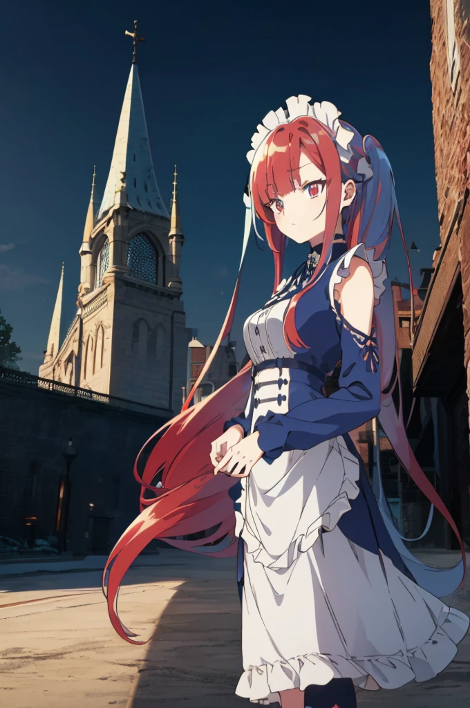 [(cathedral background:1.4)::5],original,(illustration:1.1),(best quality),(masterpiece:1.1),(extremely detailed CG unity 8k wallpaper:1.1), (colorful:0.9),(mid shot:0.95),(full body:1.5),Dynamic angle,(solo:1.2), (girl),((adult)), (detailed beautiful eyes:1.15), (beautiful face:1.15), (glowing red eyes:1.25////),((medium hair)),((split-color hair,red hair,blue hair)),(high twintails),(chignon),(+perfect hand+:1.21),(Draw an illustration of a gothic girl),(Religious),(slender),(is wearing boots on her feet),((is wearing white maid clothes)),(furious), Lace Off-shoulder lolita fashion,beautiful slender woman,high twintails,((split-color hair,red hair,blue hair)),((split-color hair,red hair,blue hair)),from side,((split-color hair,red hair,blue hair)),