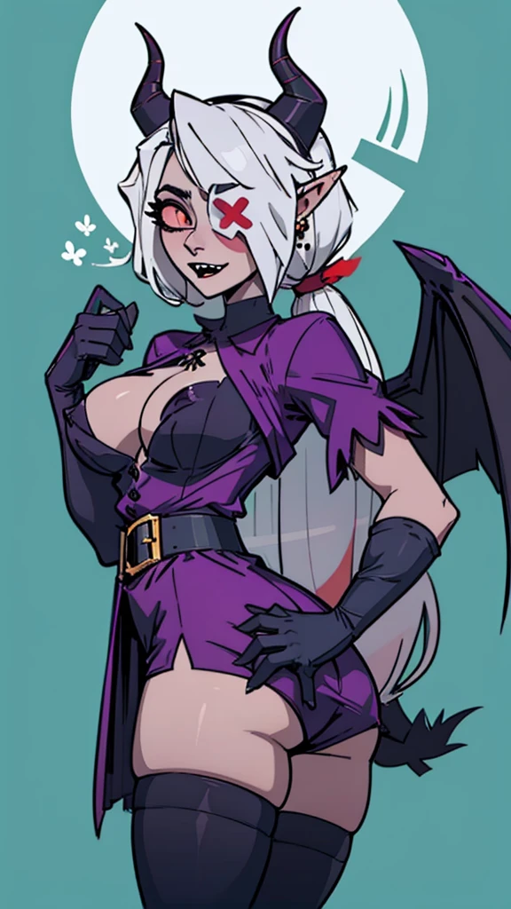 Elfa gato linda surreal, cabelos muito ruivos e detalhados, rosto detalhado, grandes chifres de demonio, gorda, corpo inteiro, grandes olhos, nariz longos e pontudos, colettetrixie, sharp teeth, hair over one eye, hairband, demon horns, colored sclera, purple shirt, purple shorts, demon wings, frieren, 1girl, long hair, pointy ears, twintails, jewelry, elf, earrings, capelet, white capelet, long sleeves, parted bangs, dress, belt, flower, pomni, gloves, puffy short sleeves, red eyes and blue eyes, striped, very big tits, very very big ass, very chubby, 8k, hd, hdr, morrigan aensland, mostrando o umbigo 