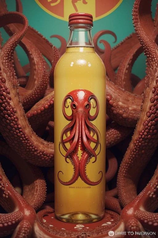 there is a red octopus holding a bottle of drink with its tentacles, graphic detail, digital picture, added detail, random detail, colorful digital illustration, in detail, colorful illustration, Detailed digital illustration, illustrated logo, powerful detail
