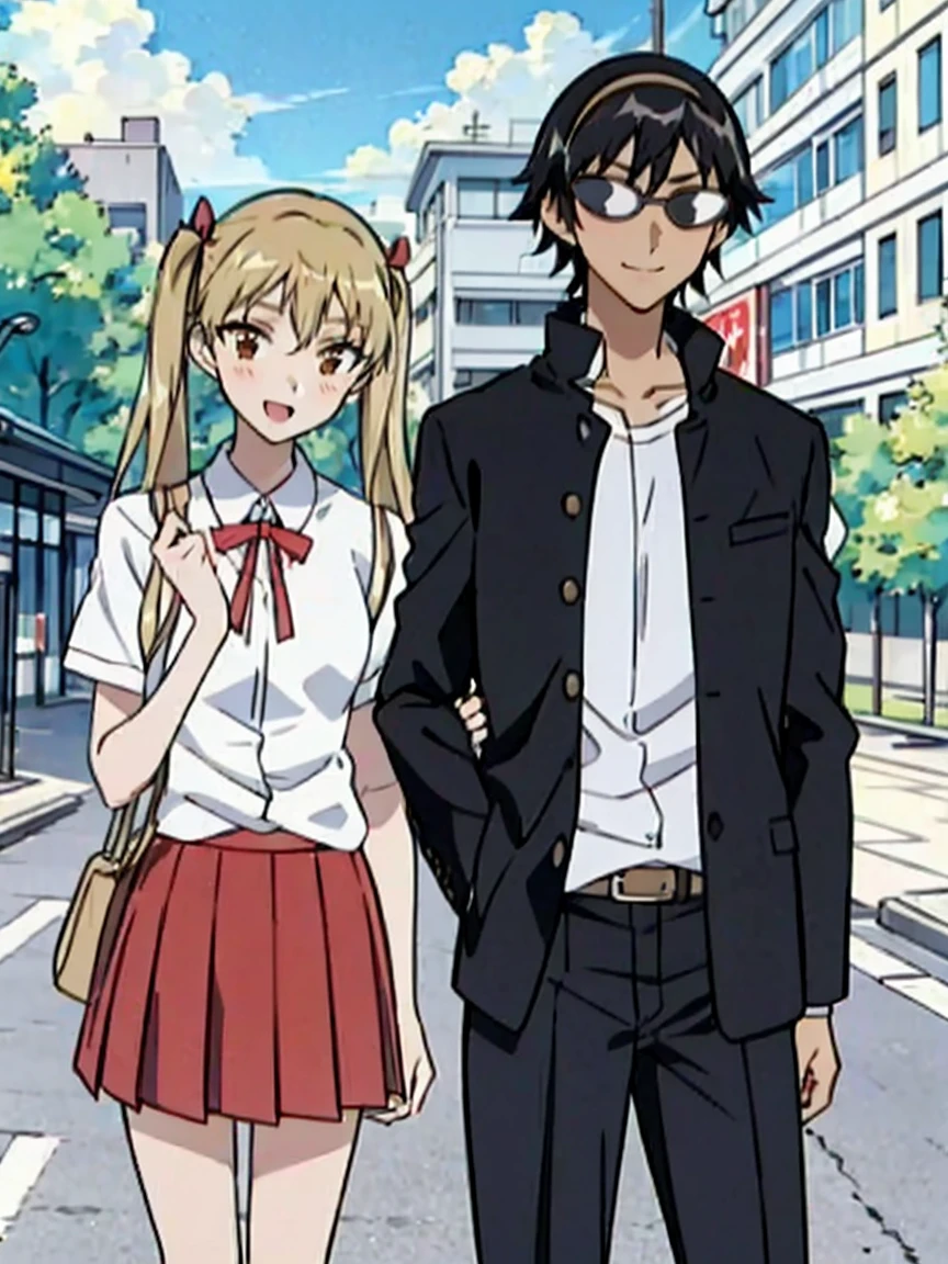 1 boy and 1 girl stand in the street,twintails,sawachika eri, brown eyes, hair ribbon,harimakenji, glasses, ,school uniform, red pleated skirt,eri,hairband, looking_at_viewer, serious, gakuran, white_shirt,smile,happy,two persons