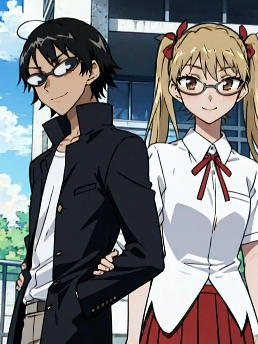 1 boy and 1 girl stand in the street,twintails,sawachika eri, brown eyes, hair ribbon,harimakenji, glasses, ,school uniform, red pleated skirt,eri,hairband, looking_at_viewer, serious, gakuran, white_shirt,smile,happy,two persons