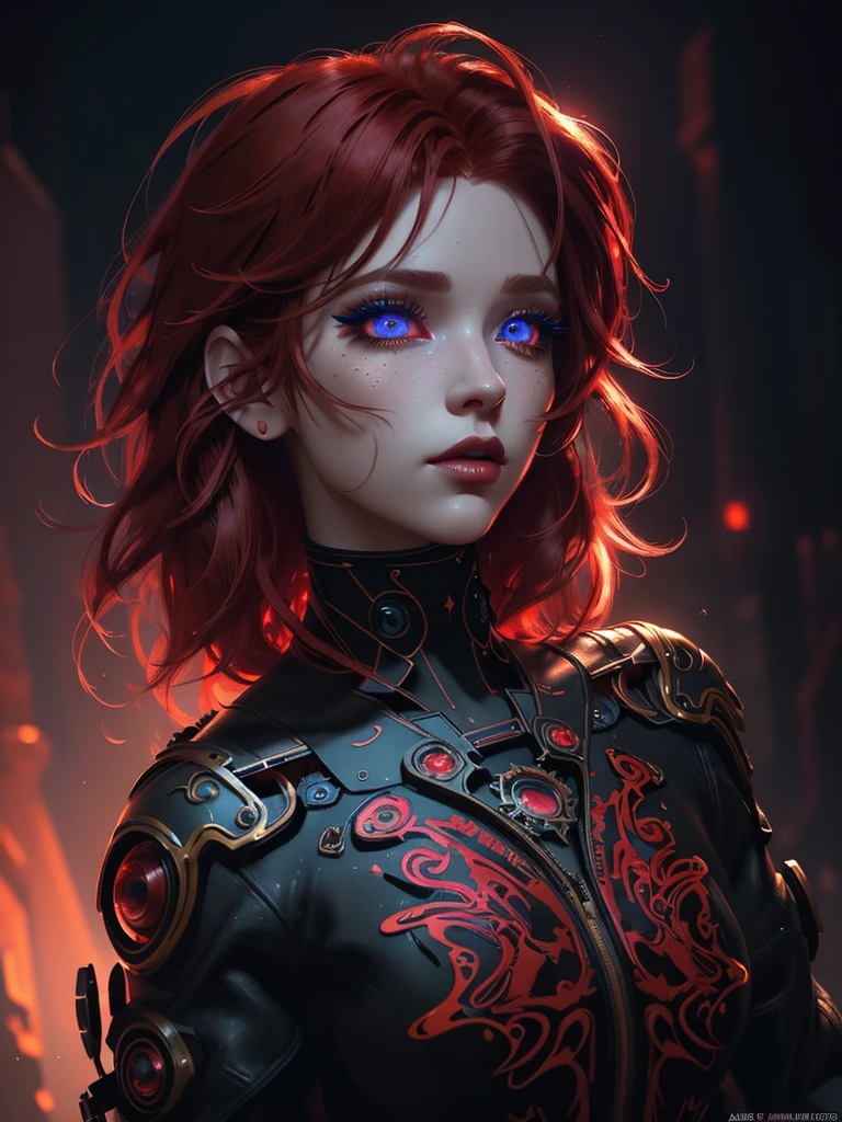 Red hair color,(masterpiece, best quality),(1 lady),(solo),(artstation),(dynamic),(charming),(magical),(unreal engine),(fantastically beautiful),(illustration),(dramatic lighting),(rave background),(neon glow),(maximalist),(extremely detailed eyes and face),(long eyelashes),(intricate details),(vibrant colors),(cinematic lighting),(fantasy portrait)