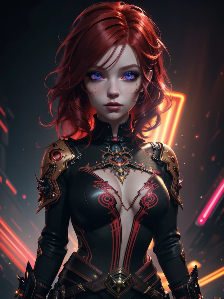 Red hair color,(masterpiece, best quality),(1 lady),(solo),(artstation),(dynamic),(charming),(magical),(unreal engine),(fantastically beautiful),(illustration),(dramatic lighting),(rave background),(neon glow),(maximalist),(extremely detailed eyes and face),(long eyelashes),(intricate details),(vibrant colors),(cinematic lighting),(fantasy portrait)