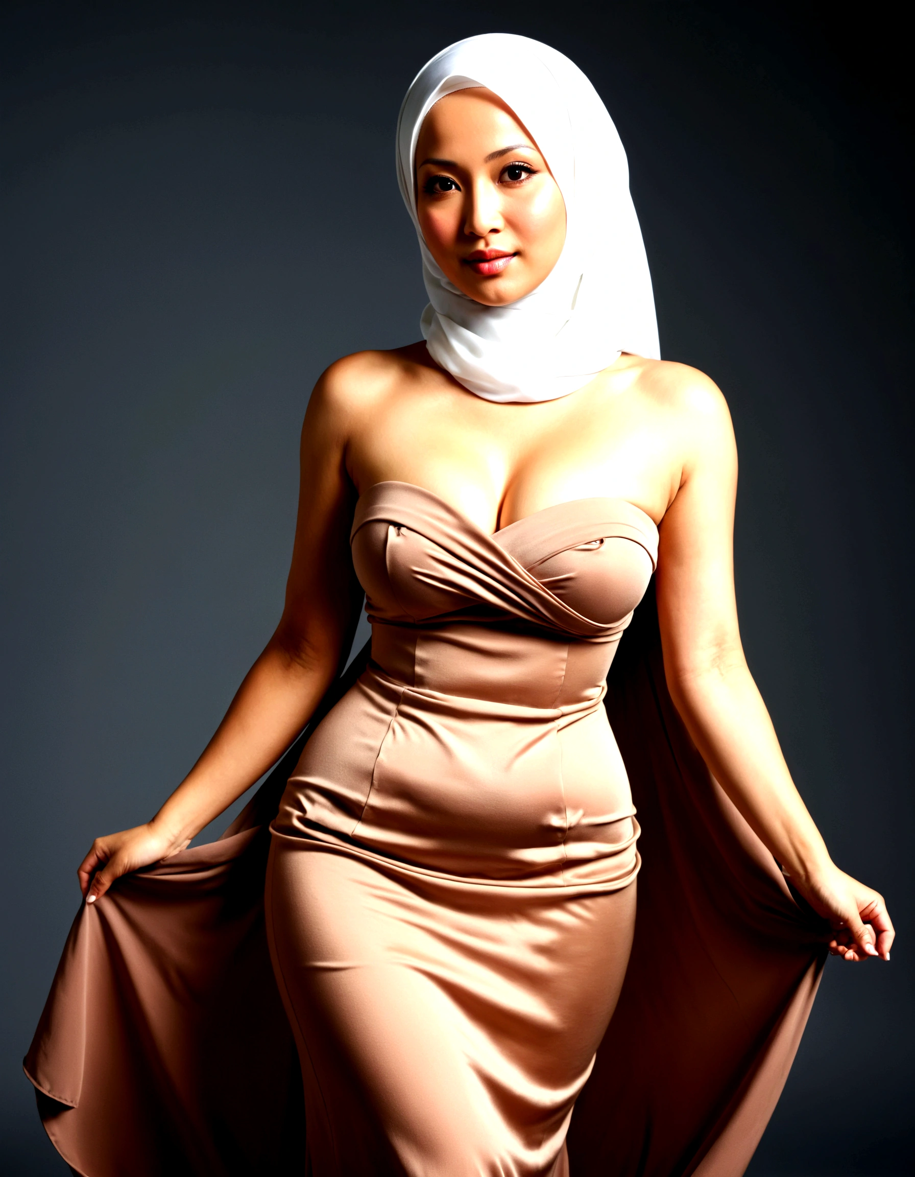 Malaysian woman (age 40, hijab no hair showing, cute face, strapless dress barely covering breasts, enormous breasts, a little fat, giga breasts), embarrassed, walking over a cooling vent, dress blowing up, show her entire body, show all of her
